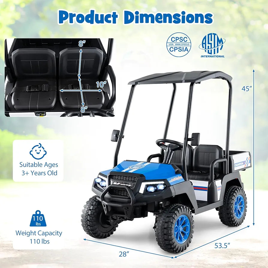 Costzon 24V Kids Golf Cart, 4WD 2 Seater Ride on Car w/Sun Shade, Storage Trunk & Remote Control, Electric Vehicle w/LED Lights, Realistic Sounds & Wireless Connection, Gift for Boys Girls 3+