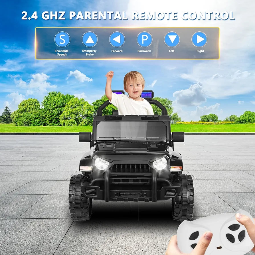 XVD 12V Kids Electric Ride on Car with Remote Control, Electric Off-Road Vehicle for Kids, Battery Powered Wheels Truck Car, with Double Open Doors, LED Lights, MP3 Player, for Boys&Girls, Black