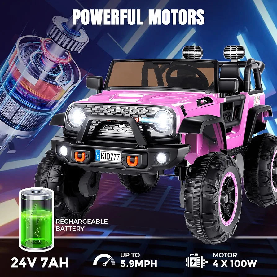 Hikole 24 Volt Ride On Car with Remote Control, 2WD/4WD Switchable 2 Seater XL Electric Car for Kids w/20 Inch Wide Seat, 4X100W Power Toys Wheels 24v Vehicles for Girls w/Music - Pink