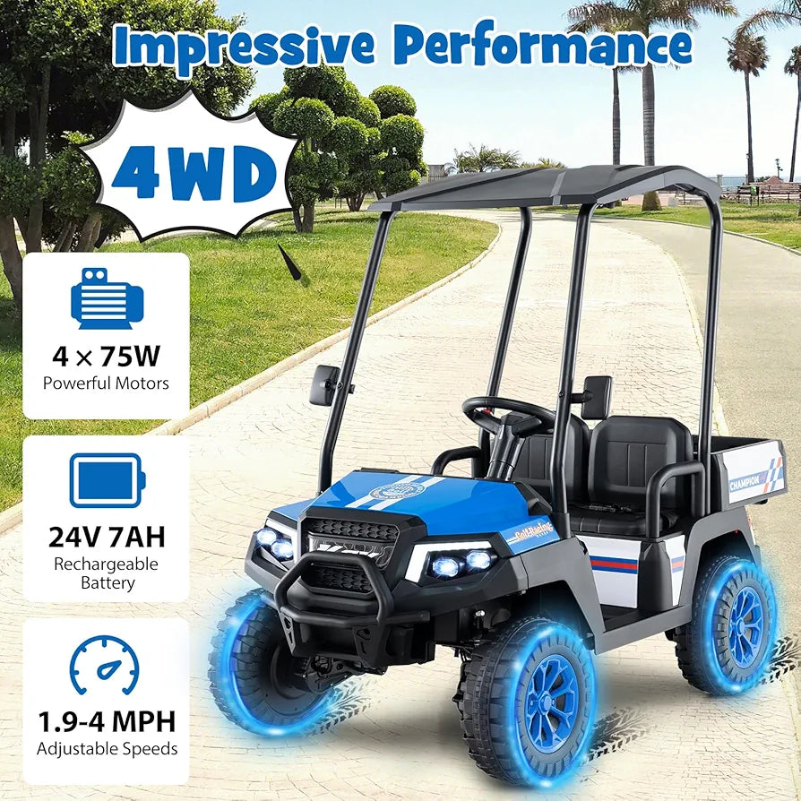 Costzon 24V Kids Golf Cart, 4WD 2 Seater Ride on Car w/Sun Shade, Storage Trunk & Remote Control, Electric Vehicle w/LED Lights, Realistic Sounds & Wireless Connection, Gift for Boys Girls 3+