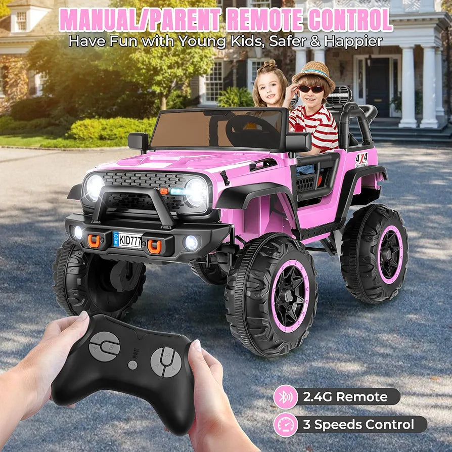 Hikole 24 Volt Ride On Car with Remote Control, 2WD/4WD Switchable 2 Seater XL Electric Car for Kids w/20 Inch Wide Seat, 4X100W Power Toys Wheels 24v Vehicles for Girls w/Music - Pink