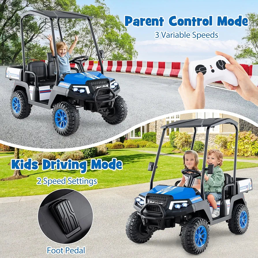 Costzon 24V Kids Golf Cart, 4WD 2 Seater Ride on Car w/Sun Shade, Storage Trunk & Remote Control, Electric Vehicle w/LED Lights, Realistic Sounds & Wireless Connection, Gift for Boys Girls 3+