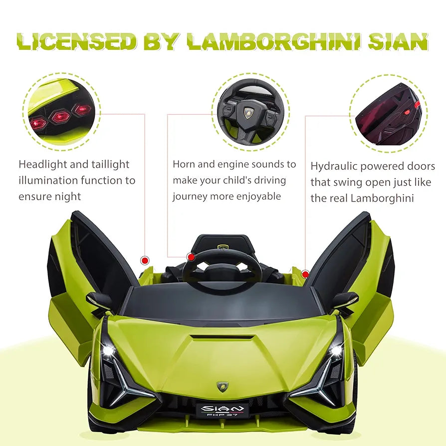 TOBBI Electric Ride On Car Toy for Kids to Drive, 12V Battery Powered Licensed Lamborghini SIAN with Parent Remote Control for Toddlers 3-6 Years w/Functions Spring Suspension/Horn/LED Lights-Green