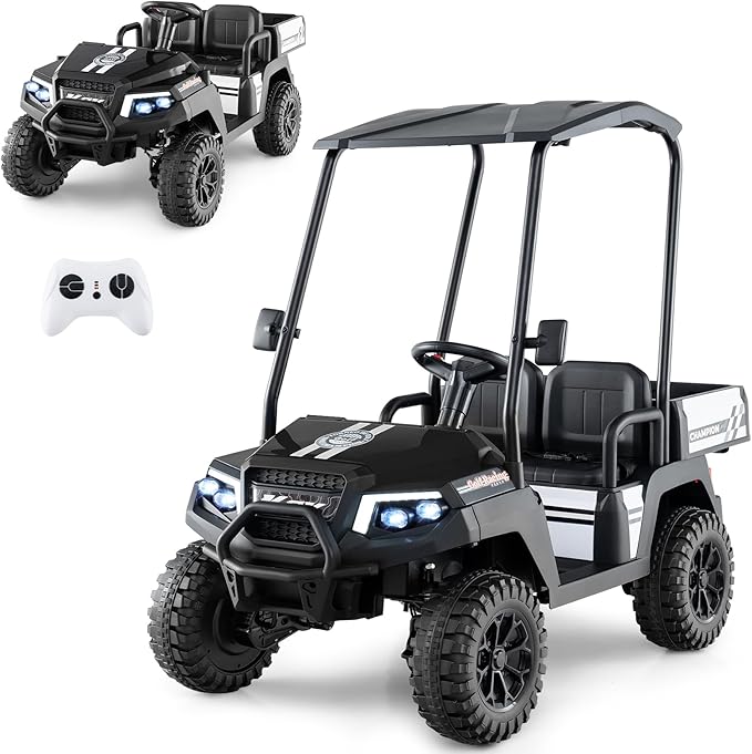 24V Kids Golf Cart, 4WD 2 Seater Ride on Car w/Sun Shade, Storage Trunk & Remote Control, Electric Vehicle w/LED Lights, Realistic Sounds & Wireless Connection, Gift for Boys Girls 3+