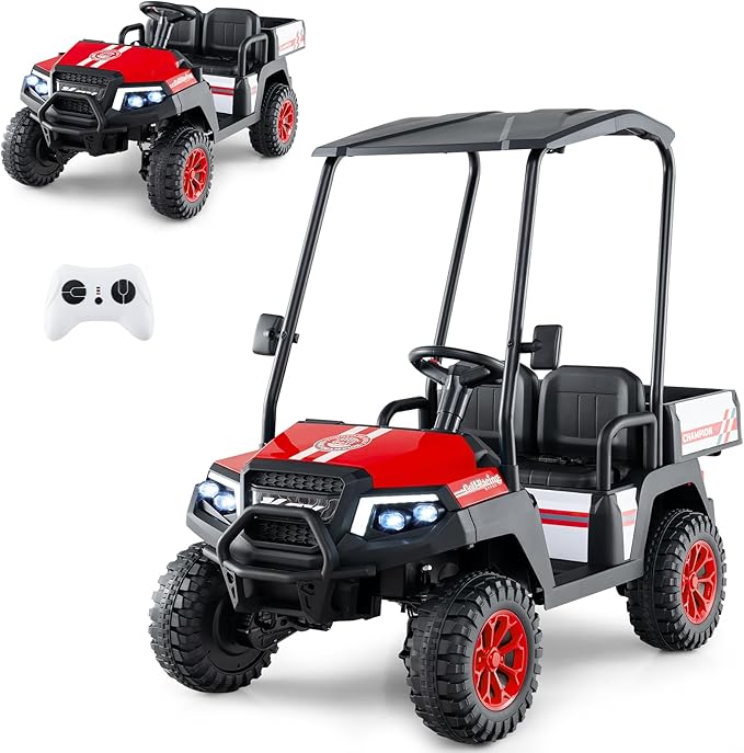 24V Kids Golf Cart, 4WD 2 Seater Ride on Car w/Sun Shade, Storage Trunk & Remote Control, Electric Vehicle w/LED Lights, Realistic Sounds & Wireless Connection, Gift for Boys Girls 3+