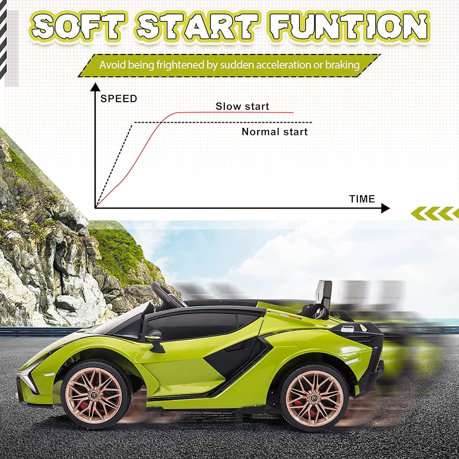 TOBBI Electric Ride On Car Toy for Kids to Drive, 12V Battery Powered Licensed Lamborghini SIAN with Parent Remote Control for Toddlers 3-6 Years w/Functions Spring Suspension/Horn/LED Lights-Green