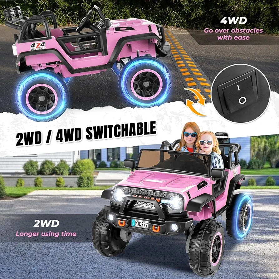 Hikole 24 Volt Ride On Car with Remote Control, 2WD/4WD Switchable 2 Seater XL Electric Car for Kids w/20 Inch Wide Seat, 4X100W Power Toys Wheels 24v Vehicles for Girls w/Music - Pink