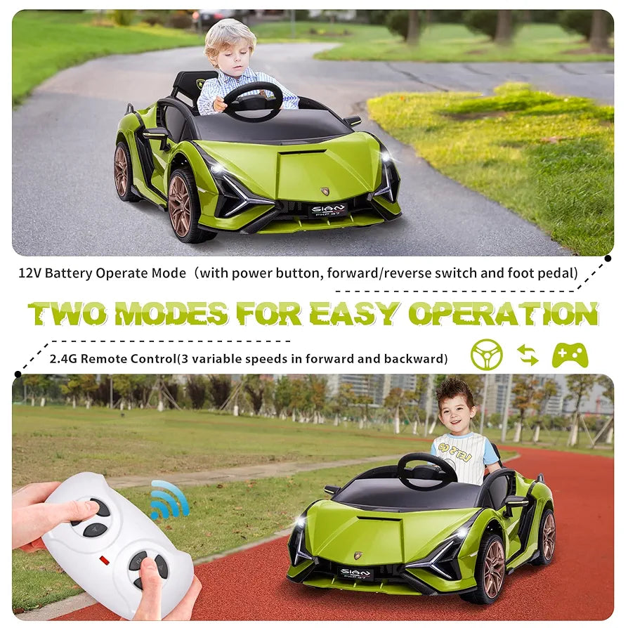 TOBBI Electric Ride On Car Toy for Kids to Drive, 12V Battery Powered Licensed Lamborghini SIAN with Parent Remote Control for Toddlers 3-6 Years w/Functions Spring Suspension/Horn/LED Lights-Green