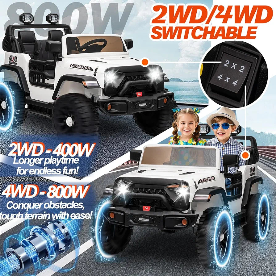 24V Kids Jeep, BLISSRIDE 2 Seater XL Ride on Truck Car w/800W Power Wheel, 4WD/2WD Switchable, Remote Control, 10AH Battery, 20'' Wide Seat, Bluetooth, LED Light, Electric Vehicle for Boy Girl,