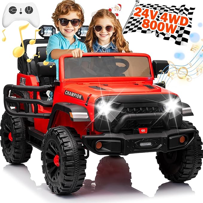 24V Kids Jeep, 2 Seater XL Ride on Truck Car w/800W Power Wheel, 4WD/2WD Switchable, Remote Control, 10AH Battery, 20'' Wide Seat, Bluetooth, LED Light, Electric Vehicle for Boy Girl,