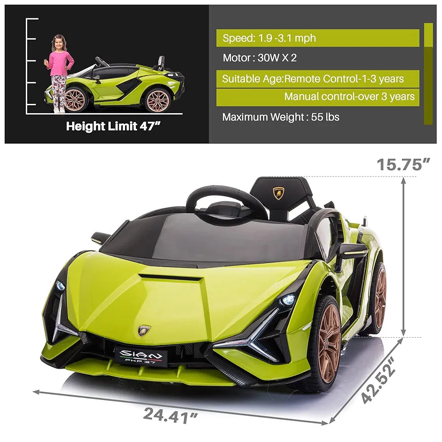TOBBI Electric Ride On Car Toy for Kids to Drive, 12V Battery Powered Licensed Lamborghini SIAN with Parent Remote Control for Toddlers 3-6 Years w/Functions Spring Suspension/Horn/LED Lights-Green