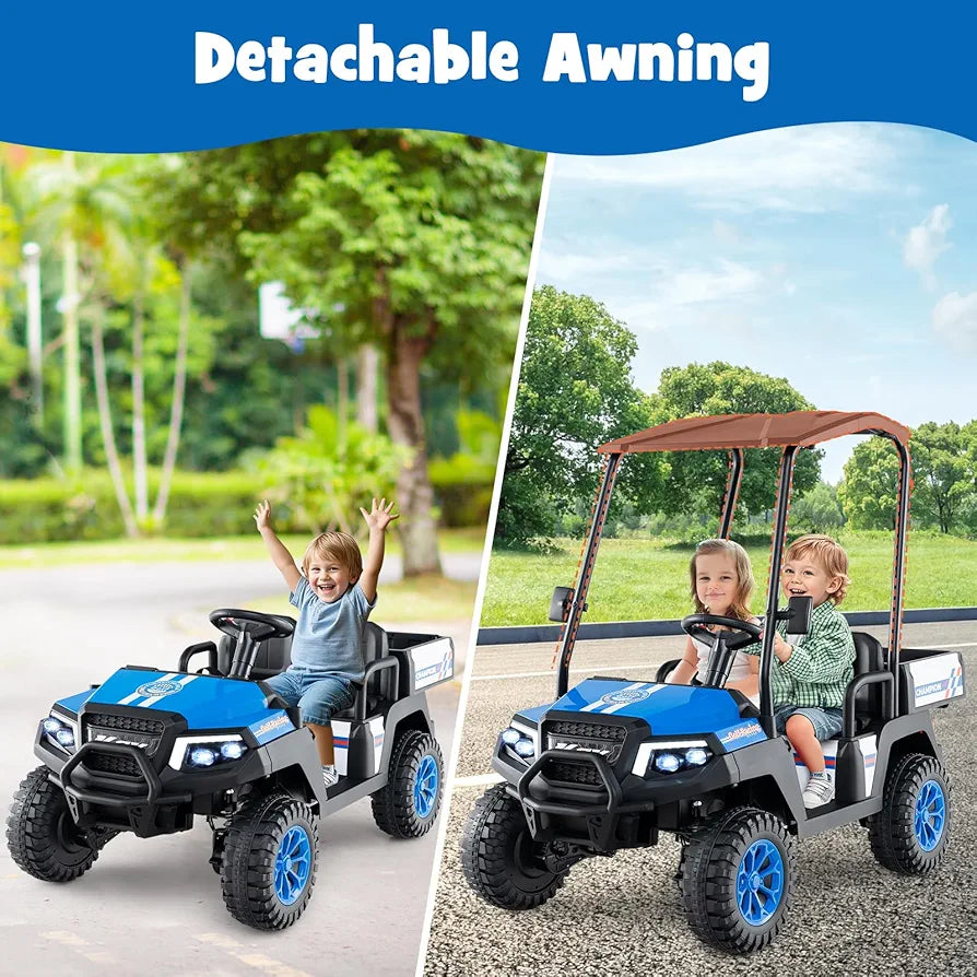 Costzon 24V Kids Golf Cart, 4WD 2 Seater Ride on Car w/Sun Shade, Storage Trunk & Remote Control, Electric Vehicle w/LED Lights, Realistic Sounds & Wireless Connection, Gift for Boys Girls 3+ 