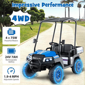 Costzon 24V Kids Golf Cart, 4WD 2 Seater Ride on Car w/Sun Shade, Storage Trunk & Remote Control, Electric Vehicle w/LED Lights, Realistic Sounds & Wireless Connection, Gift for Boys Girls 3+ 