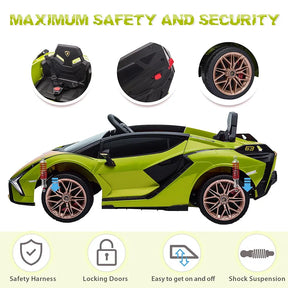 TOBBI Electric Ride On Car Toy for Kids to Drive, 12V Battery Powered Licensed Lamborghini SIAN with Parent Remote Control for Toddlers 3-6 Years w/Functions Spring Suspension/Horn/LED Lights-Green