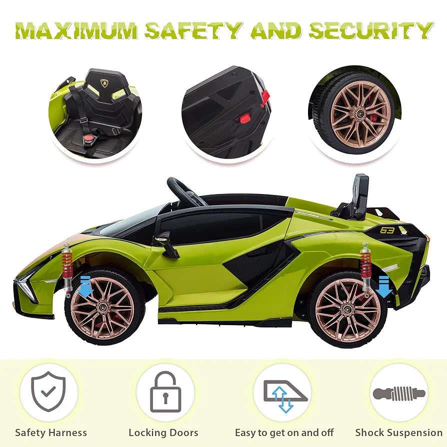 TOBBI Electric Ride On Car Toy for Kids to Drive, 12V Battery Powered Licensed Lamborghini SIAN with Parent Remote Control for Toddlers 3-6 Years w/Functions Spring Suspension/Horn/LED Lights-Green