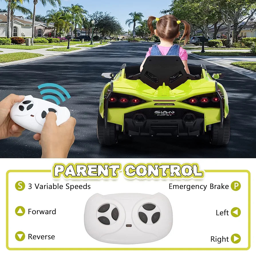 TOBBI Electric Ride On Car Toy for Kids to Drive, 12V Battery Powered Licensed Lamborghini SIAN with Parent Remote Control for Toddlers 3-6 Years w/Functions Spring Suspension/Horn/LED Lights-Green