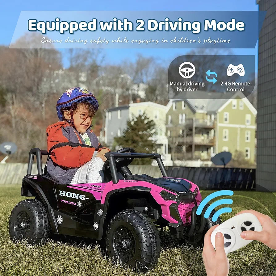 12V Electric UTV Car with Remote Control, Ride on Vehicles with Spring Suspension, LED Headlights, Ride on 4 Wheels, Music, Horn for Toddlers Kids, Pink